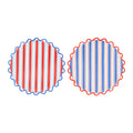 Two small red, white, and blue striped paper plates with wavy edges, on a white background.