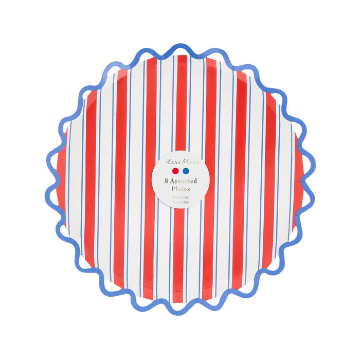 Pack of small paper plates with red, blue, and white stripes, on a white background.