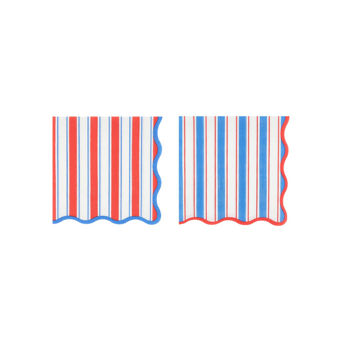 Two red, white, and blue striped paper napkins with scalloped edge, on a white background.