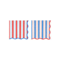 Two red, white, and blue striped paper napkins with scalloped edge, on a white background.