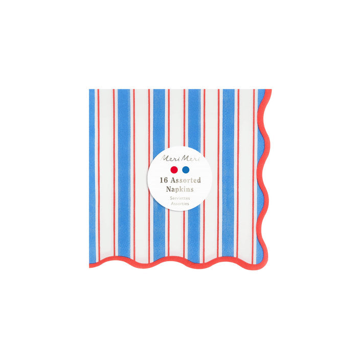 Pack of 16 assorted napkins with red, white, and blue stripes on a white background.