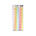 Pack of pastel-colored birthday candles with patterns in a clear box on a white background.