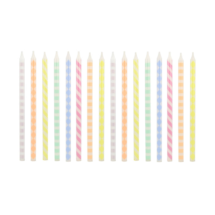 Set of 16 colorful pastel patterned birthday candles on a white background.