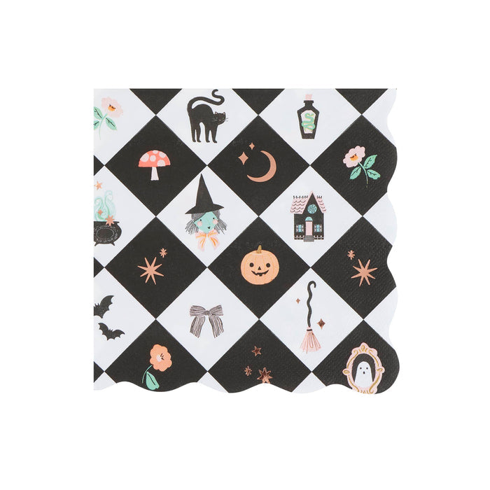 Square paper napkin with scalloped edges and a black and white checkered print with Halloween-themed icons, shown on a white background.