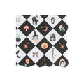 Square paper napkin with scalloped edges and a black and white checkered print with Halloween-themed icons, shown on a white background.