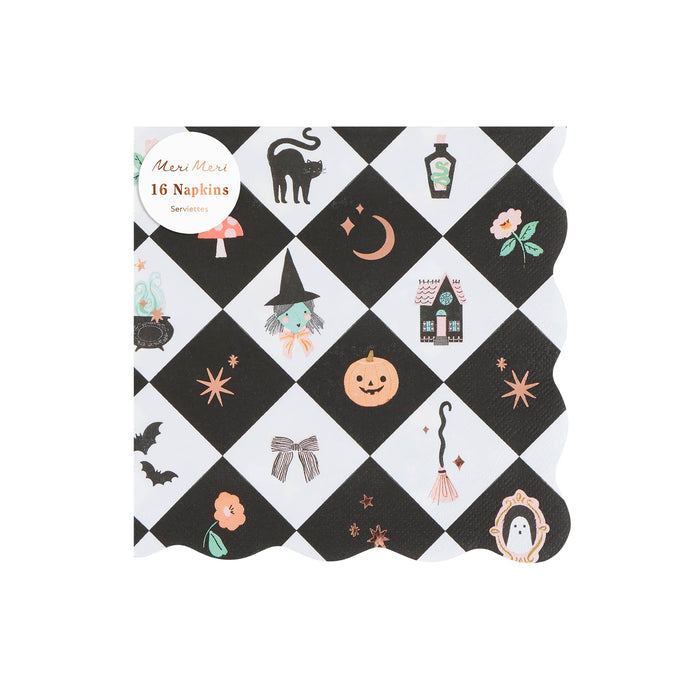 Square paper napkin with scalloped edges and a black and white checkered print with Halloween-themed icons, shown in packaging on a white background.