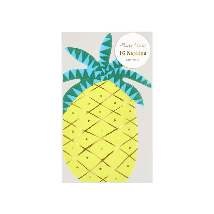 Pack of 16 decorative pineapple shaped paper party napkins with geometric leaf design on a white background.