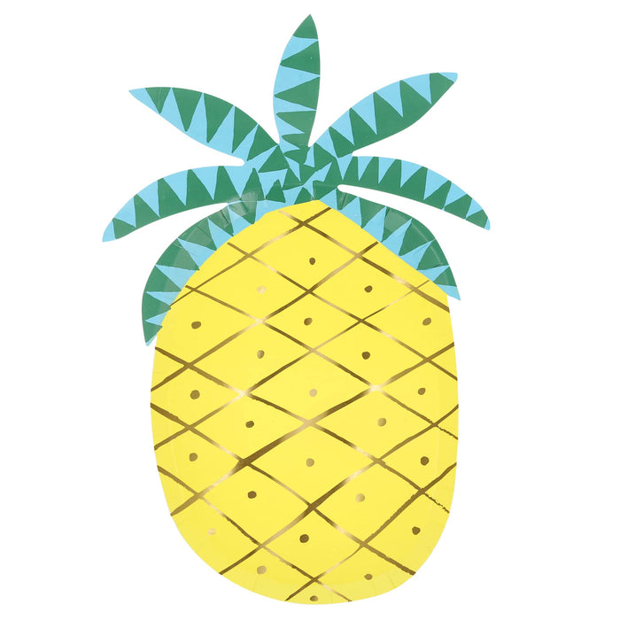 Decorative pineapple shaped paper party plate with geometric leaf design on a white background.