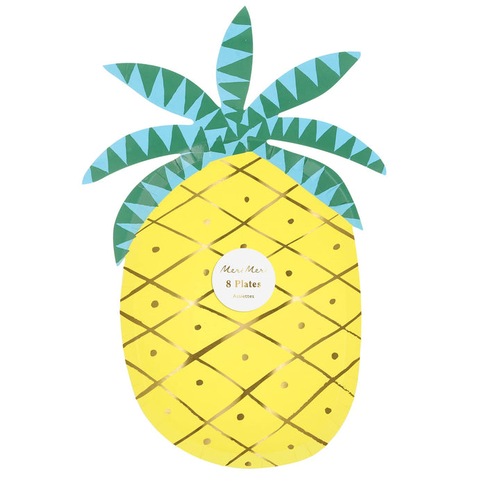 Pack of 8 decorative pineapple shaped paper party plates with geometric leaf design on a white background.