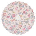 Pack of 8 pink decorative paper dinner plates with delicate pastel floral print and scalloped edge, on a white background.