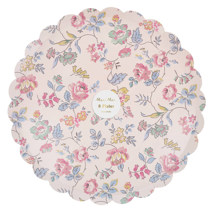 Pack of 8 pink decorative paper dinner plates with delicate pastel floral print and scalloped edge, on a white background.