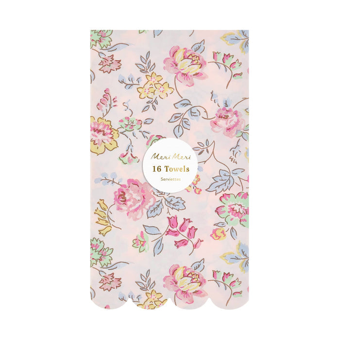 Pack of 16 pink decorative paper guest towels with delicate pastel floral print and scalloped edge, on a white background.