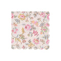 Pink decorative large paper napkin with delicate pastel floral print and scalloped edge, on a white background.