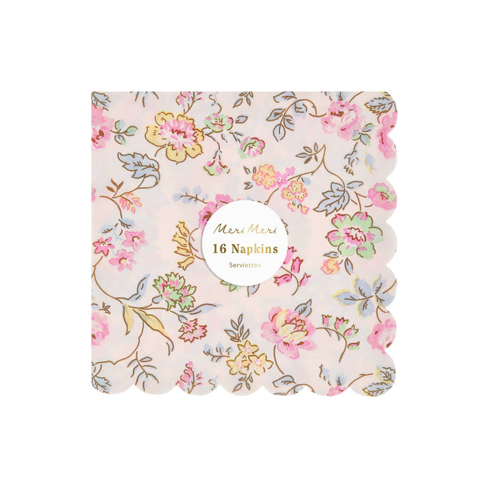 Pack of 16 pink decorative large paper napkins with delicate pastel floral print and scalloped edge, on a white background.