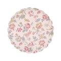 Pink decorative paper side plate with delicate pastel floral print and scalloped edge, on a white background.