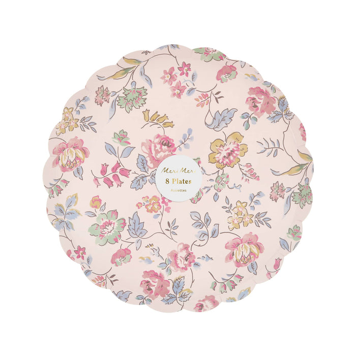 Pack of 8 pink decorative paper side plates with delicate pastel floral print and scalloped edge, on a white background.