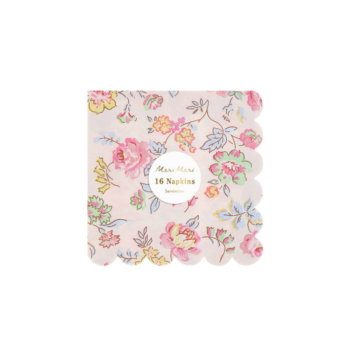 Pack of 16 pink decorative small paper napkins with delicate pastel floral print and scalloped edge, on a white background.