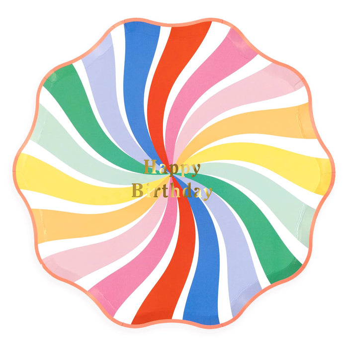 Colorful large paper plate with rainbow swirl design and wavy red edge with 'Happy Birthday' text in gold foil, on a white background.