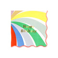 Colorful large paper napkin with red wavy edge and 'Happy Birthday' text in gold foil, on a white background.