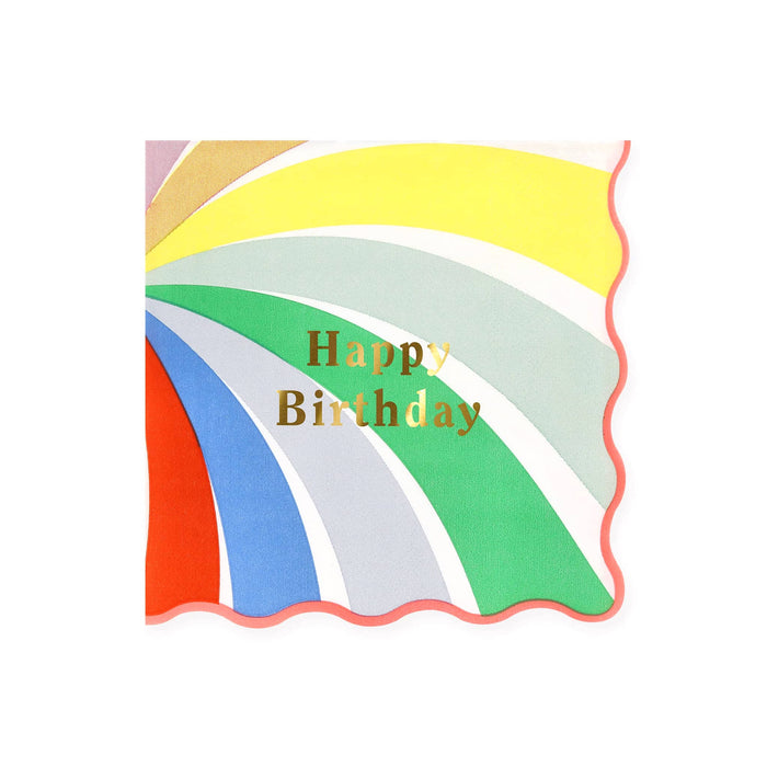 Colorful large paper napkin with red wavy edge and 'Happy Birthday' text in gold foil, on a white background.