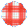 Large red and white gingham plate with wavy blue edge in packaging with a "meri meri" brand label, on a white background.