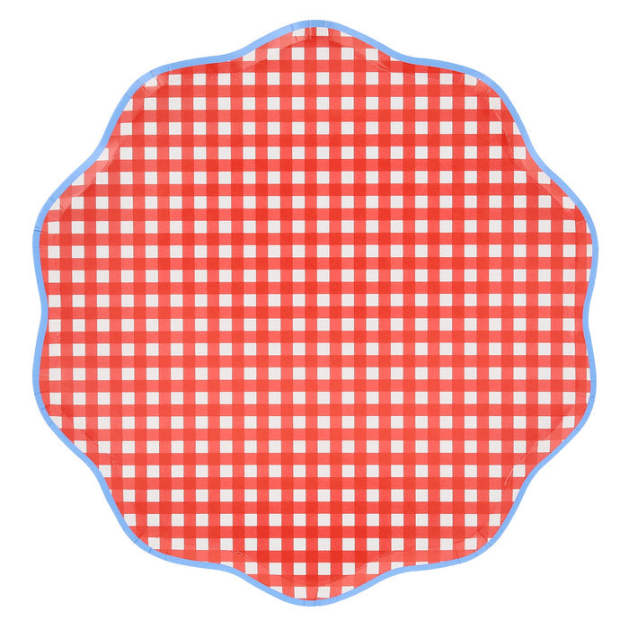 Large red and white gingham plate with wavy blue edge in packaging with a "meri meri" brand label, on a white background.
