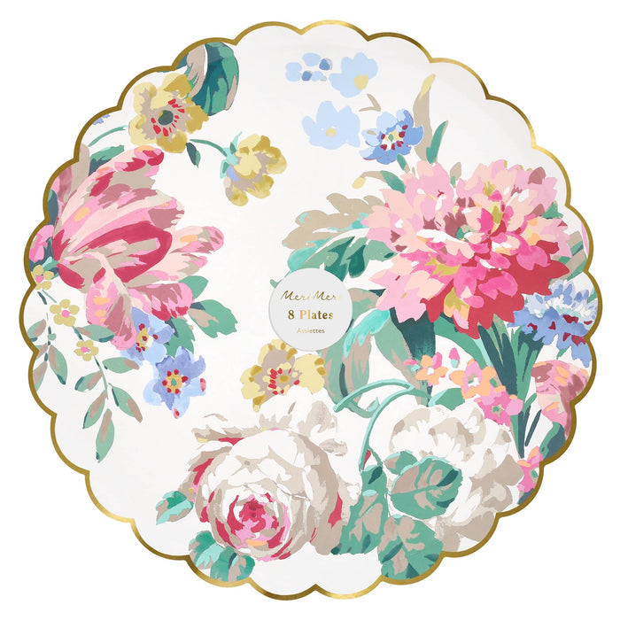Pack of 8 decorative large paper plate with colorful rococo floral design, scalloped edge, and gold foil trim, on a white background.