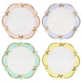 Four decorative paper plates with pastel color borders and gold details on a white background.
