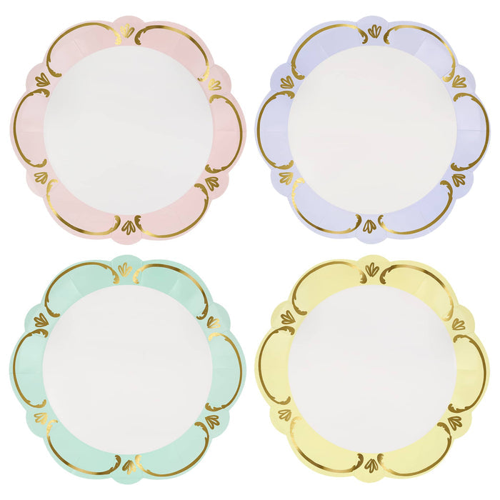 Four decorative paper plates with pastel color borders and gold details on a white background.