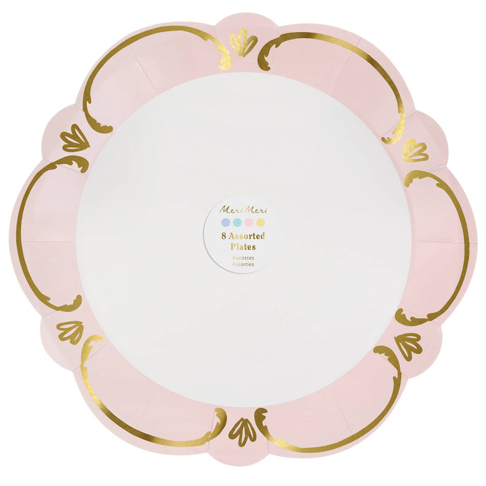 Pack of 8 decorative paper plates with pastel color borders and gold details on a white background.