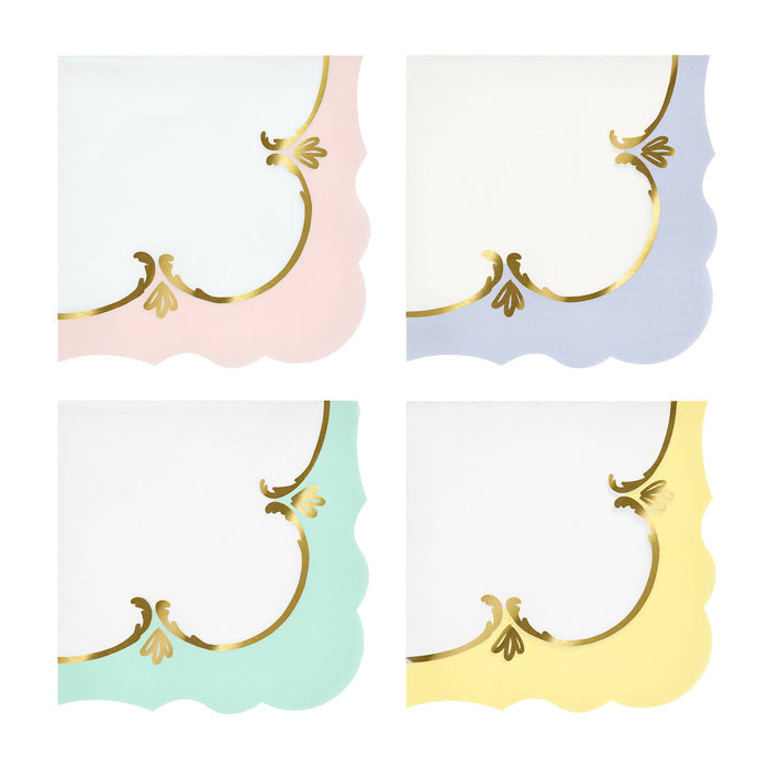 Four decorative paper napkins with wavy edge, gold foil detail and pastel borders, on a white background.