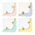 Four decorative paper napkins with wavy edge, gold foil detail and pastel borders, on a white background.