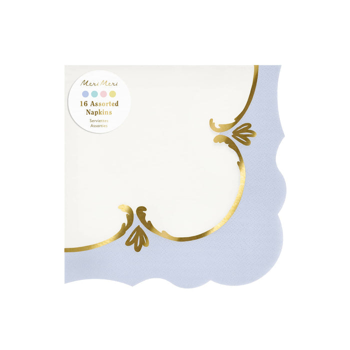Pack of 16 decorative paper napkins with wavy edge, gold foil detail and pastel borders, on a white background.