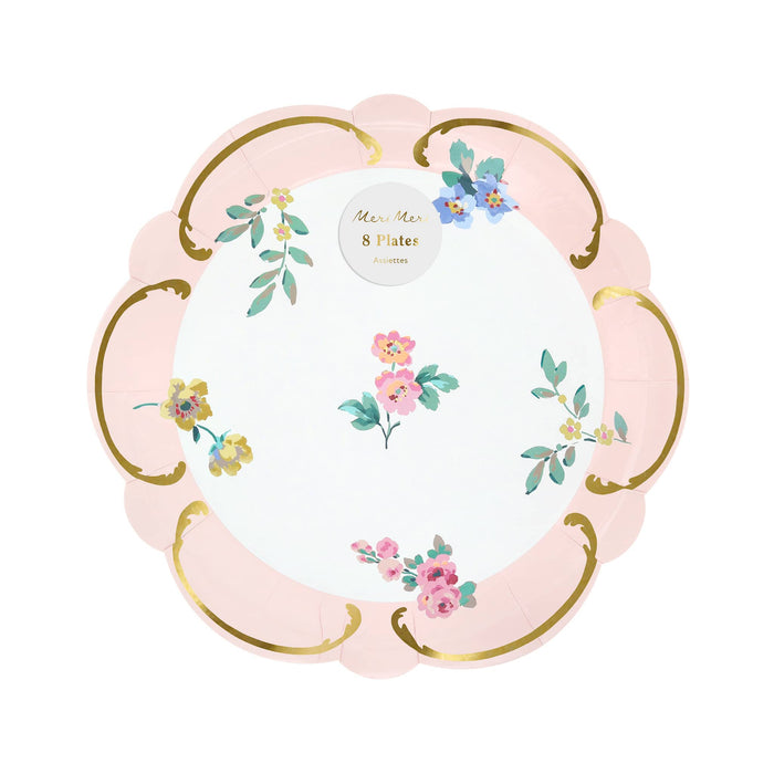 Pack of 8 decorative paper plates with floral design, pink border and gold details, on a white background.