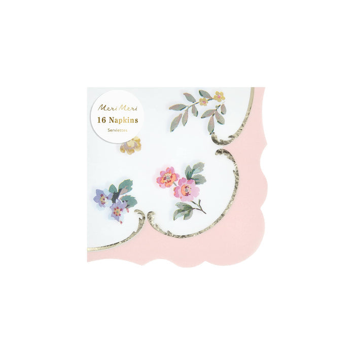 Pack of 16 small paper napkins with pink border, scalloped edge and floral illustrations, on a white background.