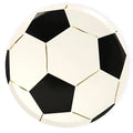 Meri Meri paper party plate that looks like a soccer ball with gold foil details.