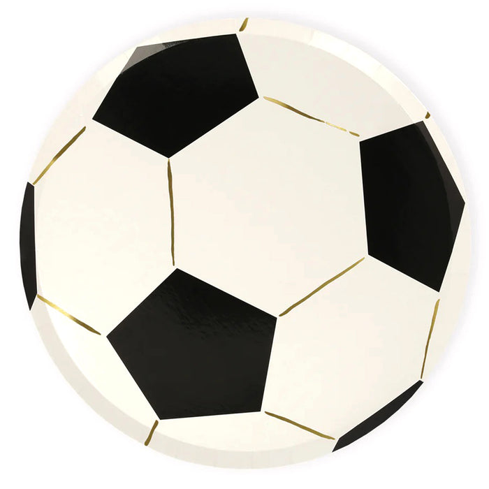 Meri Meri paper party plate that looks like a soccer ball with gold foil details.