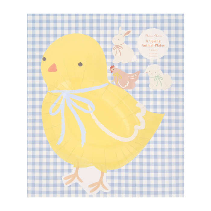 Yellow chick plate in blue and white gingham packaging, on a white background.