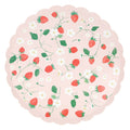 Meri Meri Strawberry Pattern large paper party dinner plates with scalloped edge.
