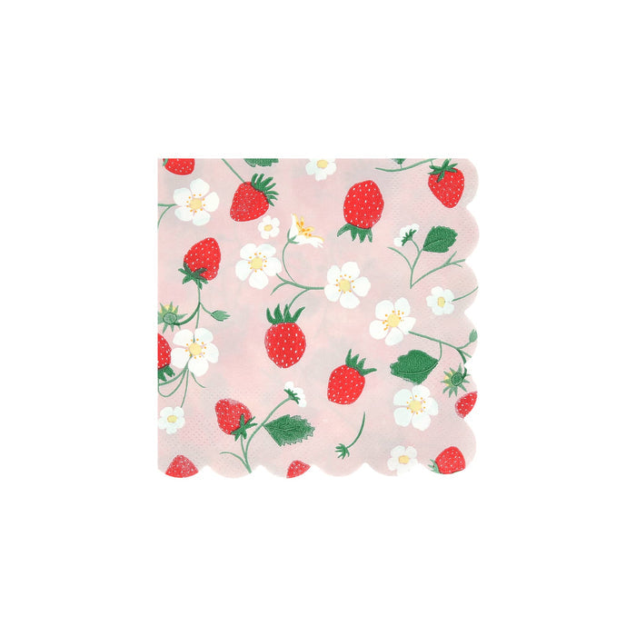 Meri Meri Strawberry Pattern small paper party napkins with scalloped edge.