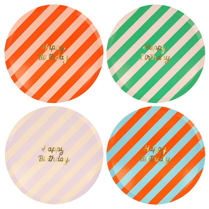 meri meri stripe happy birthday dinner plates in 4 colors.