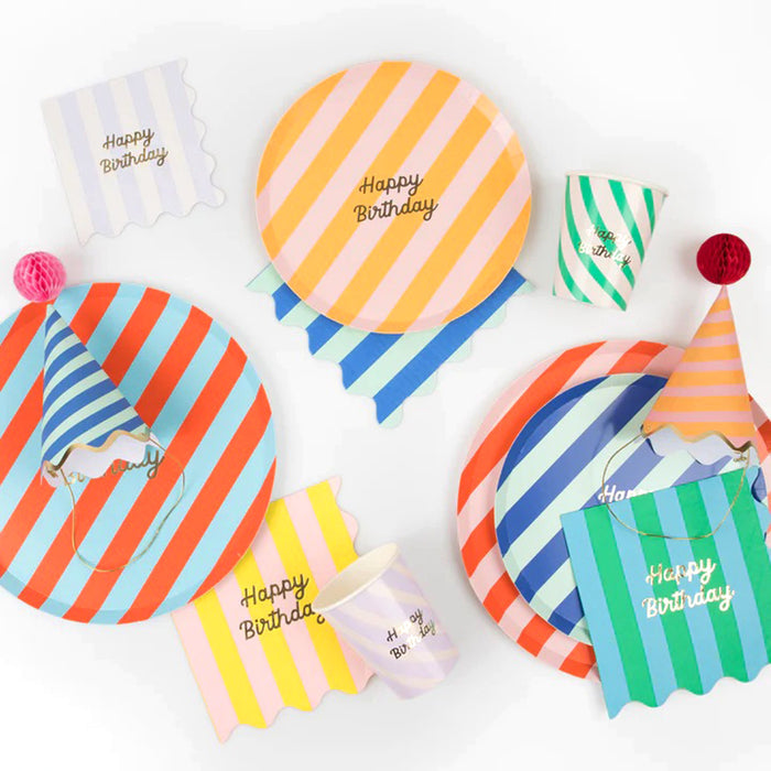 Meri Meri Stripe Happy Birthday dinner plates, side plates, cups, napkins and party hats.