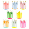 Set of colorful striped paper party crowns on a white background.