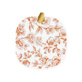 Pumpkin-shaped paper party napkins with an orange toile print and a gold foil stem, on a plain white background.
