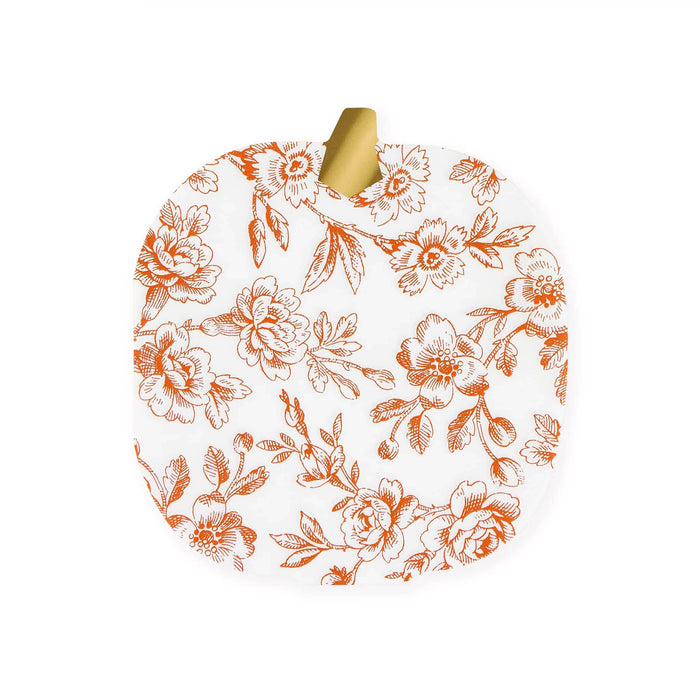 Pumpkin-shaped paper party napkins with an orange toile print and a gold foil stem, on a plain white background.
