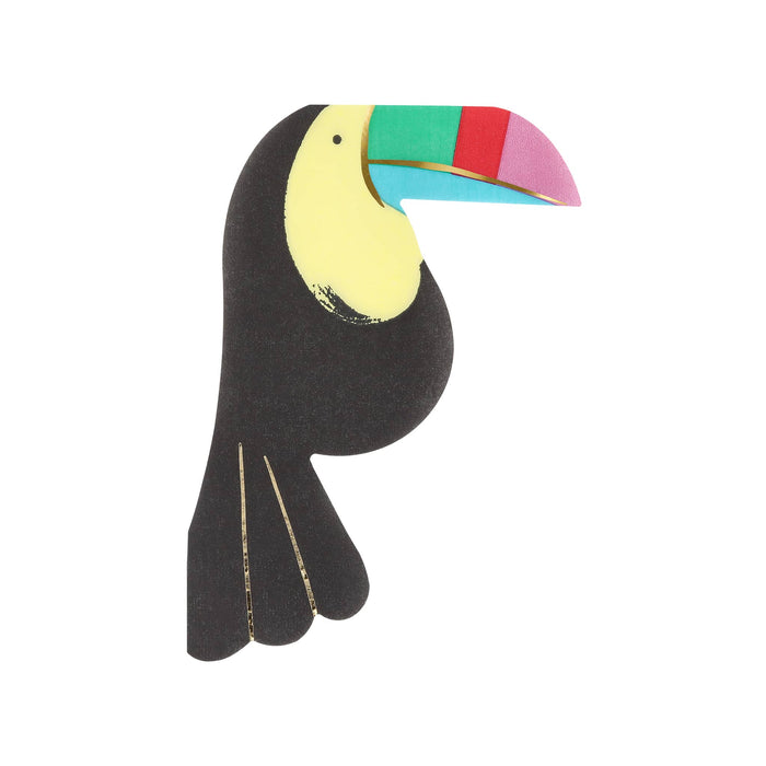 Colorful toucan shaped paper party napkin, on a white background.