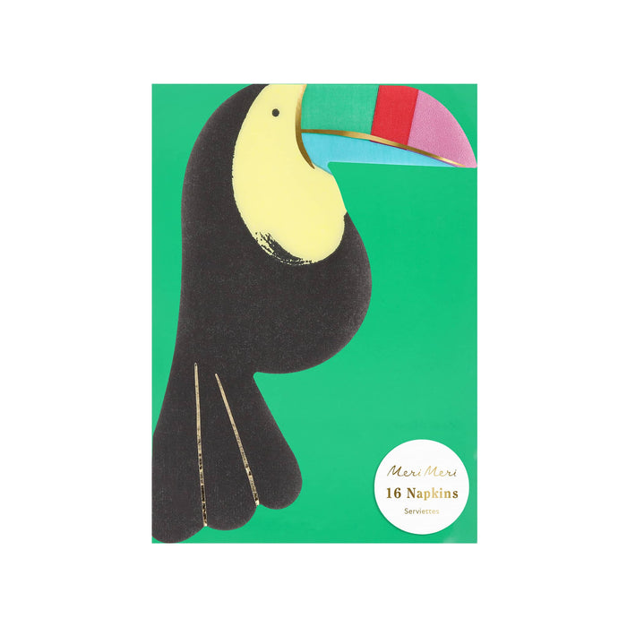 Pack of 16 colorful toucan shaped paper party napkins, on a white background.