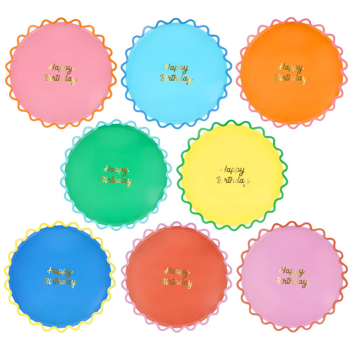 Set of 8 colorful large paper plates with ric-rac rim and 'Happy Birthday' text in gold foil, on a white background.