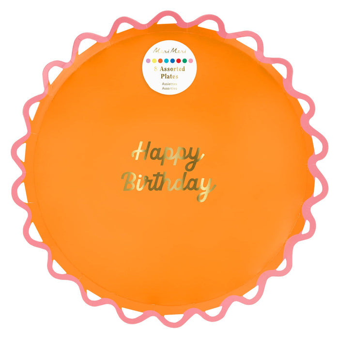 Pack of 8 colorful large paper plates with ric-rac rim and 'Happy Birthday' text in gold foil, on a white background.