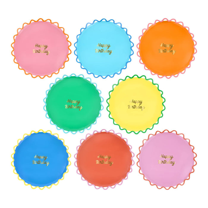 Set of 8 colorful small paper plates with ric-rac rim and 'Happy Birthday' text in gold foil, on a white background.